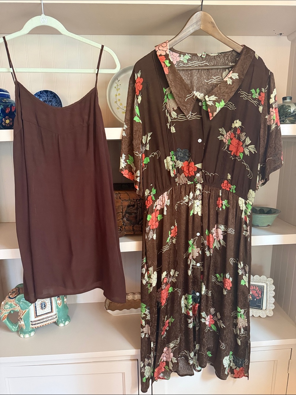 Brown Floral Button-Front Midi Dress with Slip - Brown Floral 40s style